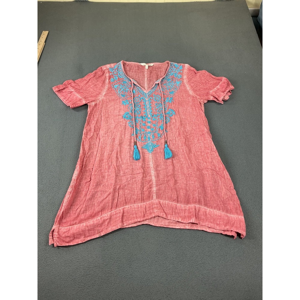 Soft Surroundings Tunic Womens L Pink Cotton Polyester Floral Embroidered Tassel